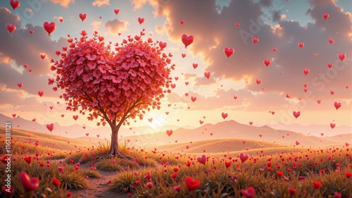 Heart-shaped tree blooming with flowers in a romantic landscape adorned with floating hearts during sunset