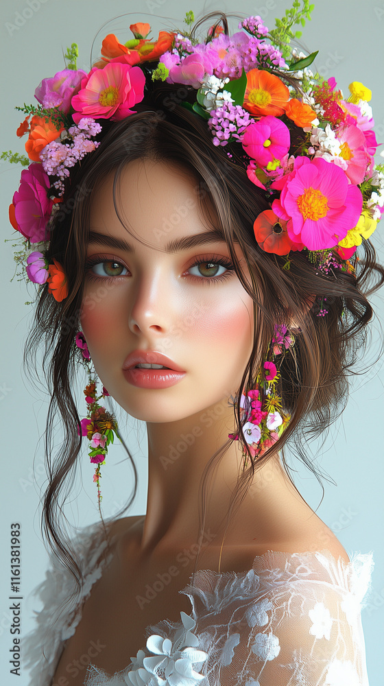 Naklejka premium Beautiful Woman Gorgeous Hairstyle Flowers