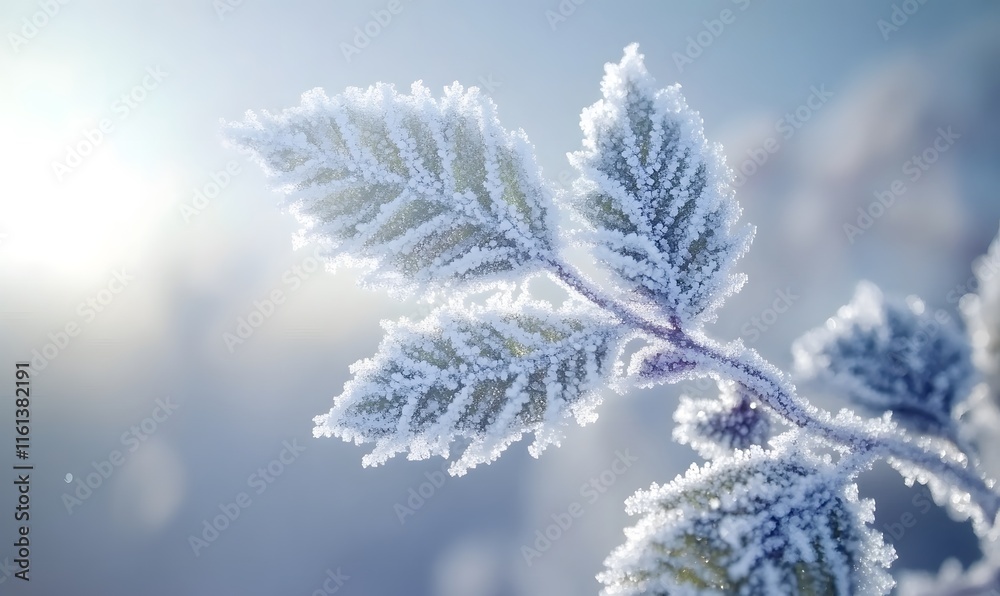Frosty leaves on branch, winter sunlight. Frosty leaves on branch, winter sunlight.
