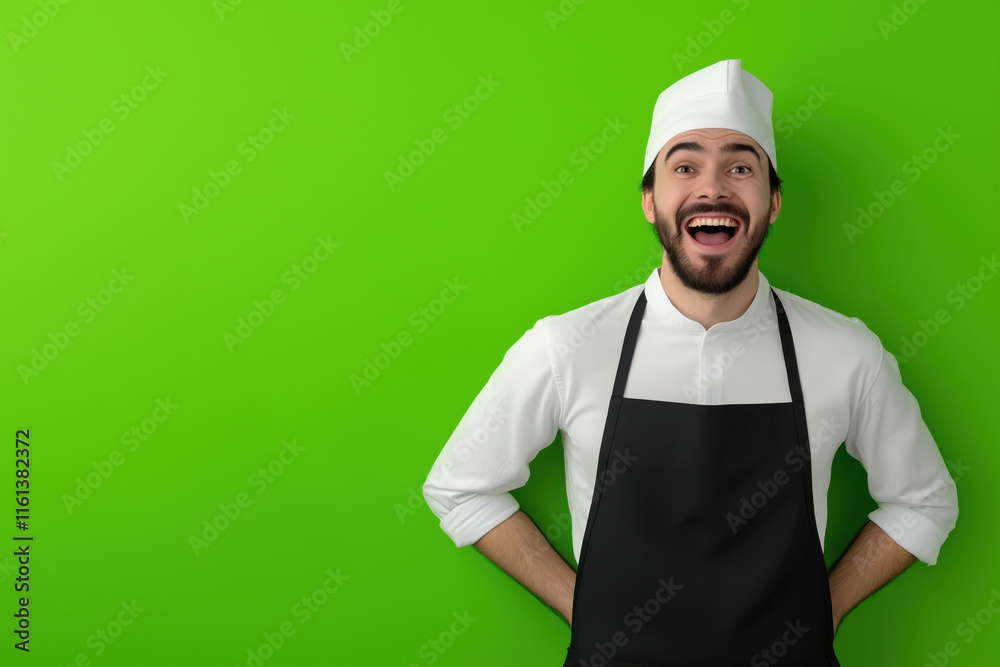 Happy young waiter in an apron standing on a green background. Advertising banner Happy young waiter in an apron standing on a green background. Advertising banner