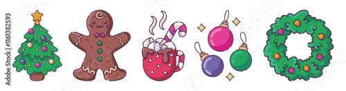 Cute cartoon-style Christmas illustration. A set of festive elements: Bright and colorful elements are ideal for the design of postcards, decorations, packaging, holiday posters and web design.