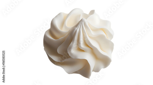 Perfectly swirled dollop of whipped cream on a clean white background, showcasing its smooth and fluffy texture for a delicious and elegant dessert topping