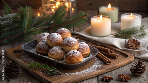 Rustic Danish winter setting featuring bleskiver beautifully arranged on a wooden tray with candles and pine decorations photo