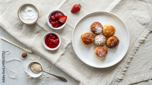 Flat lay with fluffy bleskiver topped with powdered sugar and served with fresh berries and cream on a light linen backdrop photo