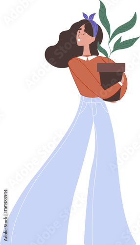 Vector illustration of a girl holding a plant in her hands