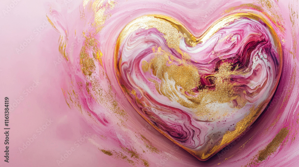 Obraz premium Pink and gold marbled heart, abstract art.