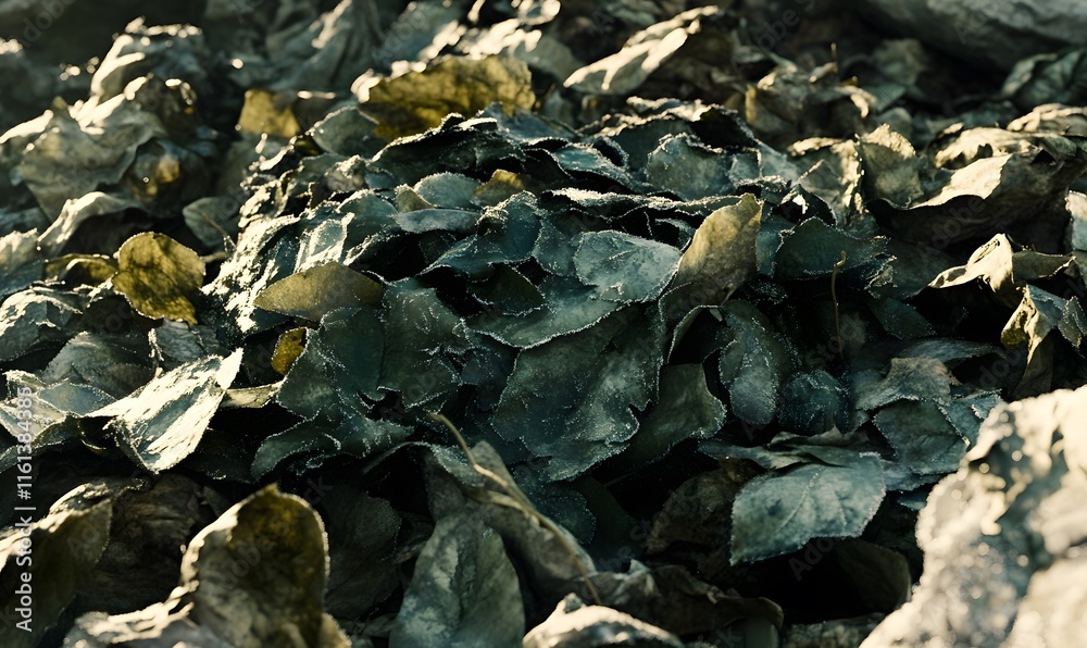 Close-up of dark, wet seaweed pile on a beach. Close-up of dark, wet seaweed pile on a beach.