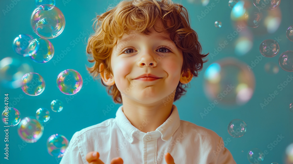 A little boy is smiling and blowing bubbles in the air A little boy is smiling and blowing bubbles in the air