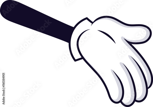 Cartoon hand adorned with a white glove is making a gesture, extending from a dark sleeve, conveying messages of communication and invitation in a playful and expressive manner