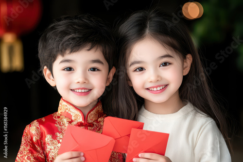 Happy children holding red envelopes, celebrating festive occasion tog er. Their joyful expressions reflect spirit of tradition and tog erness photo