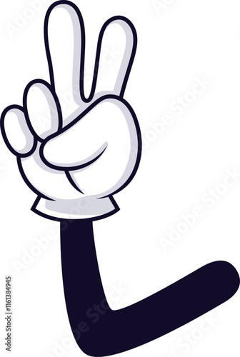 Cartoon hand making peace sign with two fingers raised, symbolizing victory, peace, or agreement in a playful and expressive way, isolated on white background