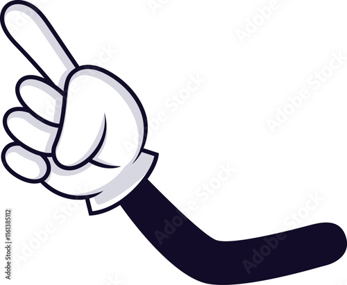 Cartoon hand wearing a white glove, pointing upward with the index finger against a white background, perfect for indicating direction or making a selection in various contexts