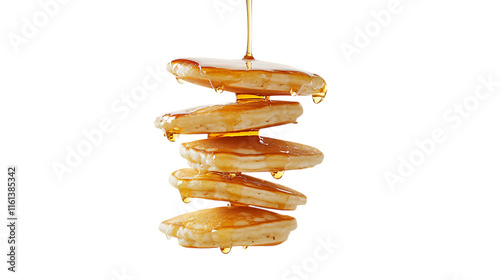 Stack of floating pancakes with syrup drizzled on top, placed on a clean white background, emphasizing their fluffy texture and sweetness