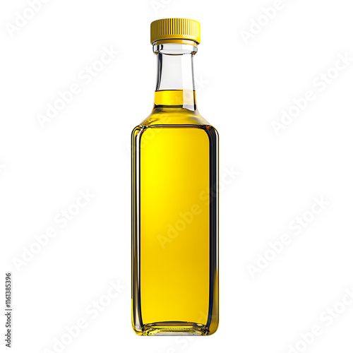 Stylish olive oil bottle with golden liquid and minimalistic design on a plain white background, perfect for culinary-themed visuals