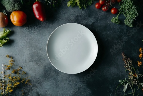 Minimalist Dining Setup with White Plate and Vibrant Seasonal Vegetables on Stone Surface photo