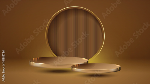 Two flying Golden podiums with golden circle background with texture luxury empty presentation studio product decoration
