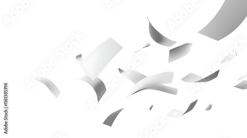 White paper flying in the air on a plain transparent background, creating a simple and clean look with a feeling of motion and freedom