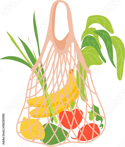 Mesh shopping bag full of banana, lemon, avocado, radish, green onions and lettuce promoting reusable sustainable grocery shopping and eco conscious lifestyle