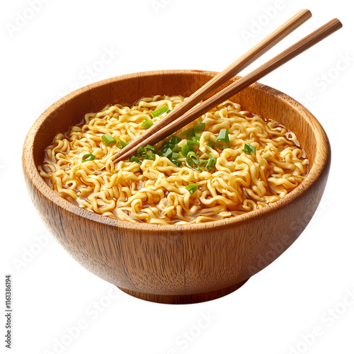 Wooden bowl of instant noodles with chopsticks on a bright white background, focusing on the delicious and easy-to-make comfort food