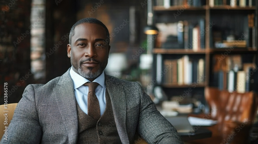 Portrait of a confident middle-aged Black man in a gray suit and brown tie, sitting in a study. Portrait of a confident middle-aged Black man in a gray suit and brown tie, sitting in a study.