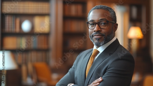 Portrait of a confident African American man in a suit, standing with arms crossed in a library setting. Warm lighting and rich colors create a professional and sophisticated mood.