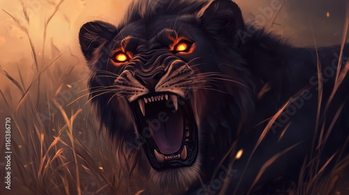 A majestic black lion with fiery eyes roars amidst tall grass, bathed in warm sunset hues.  The image evokes power and primal energy. photo