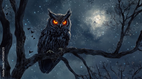 A majestic owl with piercing orange eyes perches on a branch under a starry night sky.  The dark, brooding atmosphere is enhanced by the moon and silhouetted trees. photo