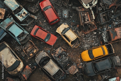 A Pile of Scrap Metal at an Auto Wrecking Yard with Cars

 photo