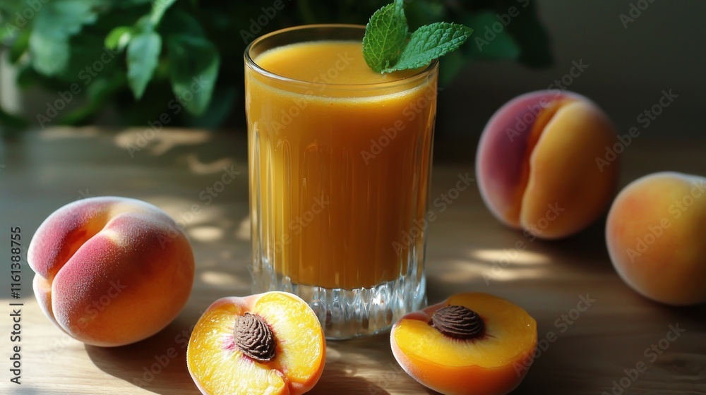 Refreshing peach juice garnished with mint and fresh peaches. Refreshing peach juice garnished with mint and fresh peaches.