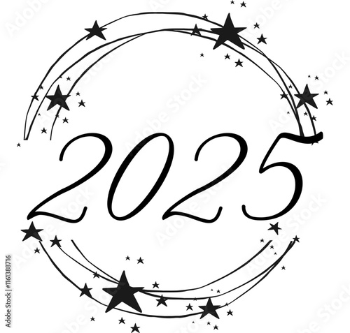 2025 - number written between circles and stars, round logo, vector graphic design for parties and Christmas time, banners, postcards, sweatshirt, prints, cricut, silhouette, sublimation
