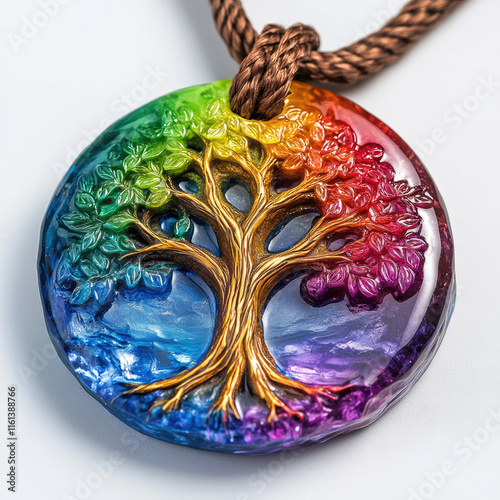 Pendant with a 3D volumetric image of the tree of life close-up on a cord, isolated, on a white background in rainbow colors. Stylish handmade decoration. Romantic, delicate design in bas-relief style