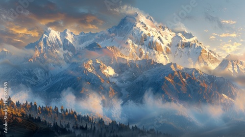 Stunning double exposure of manaraga peak at sunset in the polar ural mountains of russia
