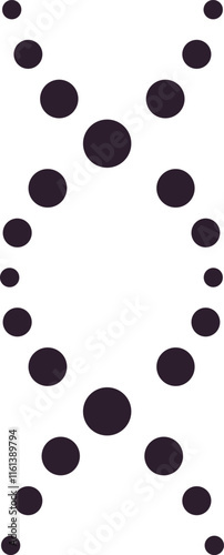 Scientific illustration featuring a double helix of black circles in varying sizes on a white background, symbolizing DNA, genetics, and biological research