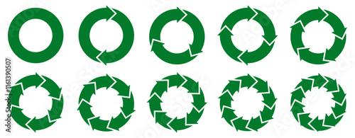 Set of green circular arrow icons showing process flow from simple loop to complex cycle. Ideal for business infographics, timelines, workflow steps, and cycle diagrams.