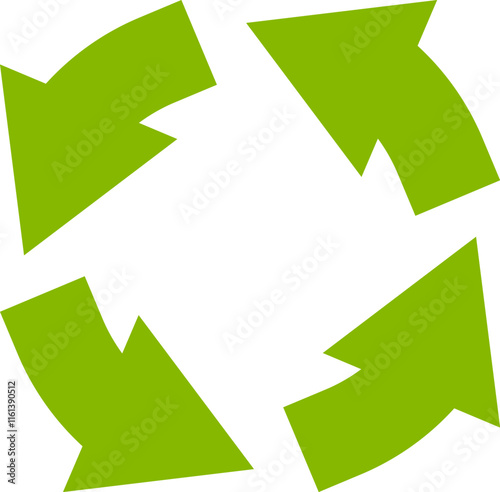 Four green arrows rotating clockwise, representing concepts of circular economy, recycling, and environmental sustainability against a clean white background