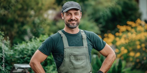 A handsome male gardener of European appearance is standing in the garden. Close-up. The concept of growing flowers and vegetables in the garden. Advertising banner.