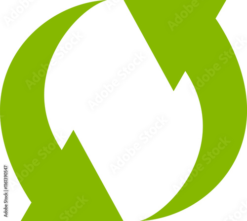 Two dynamic curved green arrows intertwining and rotating, symbolizing the continuous cycle of recycling, renewal, and environmental sustainability