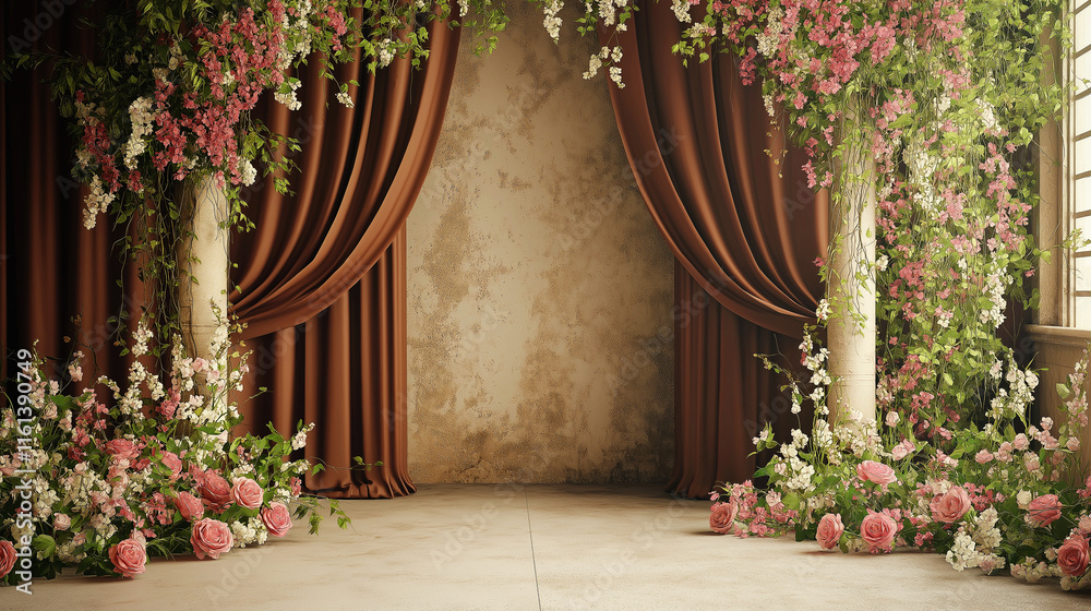 Fototapeta premium Maternity or wedding vintage backdrop with rich brown drapery, floral columns adorned with pink roses and greenery, and a distressed textured wall, creating a timeless and elegant event.