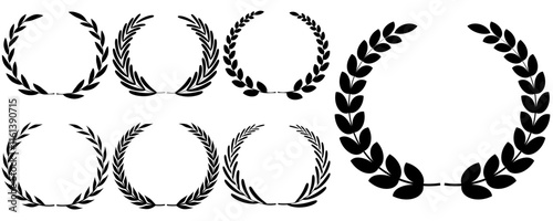 Vector black laurels set. Circular foliate laurels branches. Laurel wreath silhouette. Trophy crest. Greek olive branch award, winner round emblem