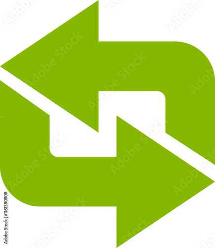 Green double arrows rotating in opposite directions, symbolizing concepts of exchange, sharing, and continuous circular processes, creating a sense of flow and connection