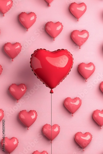 Valentine's Day Romantic Red Heart Balloon Among Pink Hearts Background