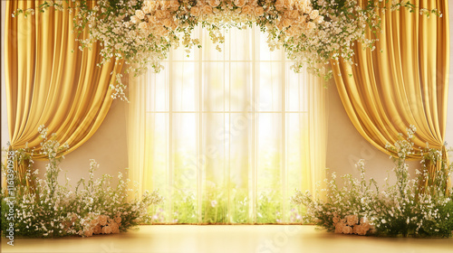 Elegant wedding or event backdrop with luxurious golden drapery, cascading floral arrangements of white blossoms and cream roses, and soft natural light streaming through a large window