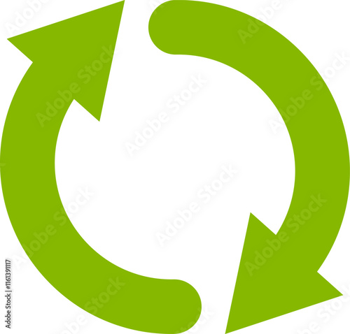 Two rounded green arrows rotating in a clockwise direction, representing a continuous cycle of refreshing and repeating actions, embodying the concept of endless motion and progress