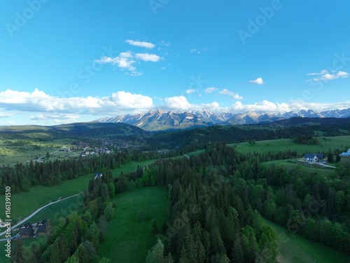 Wiosenny krajobraz górski, Góry na tle błękitnego nieba, 