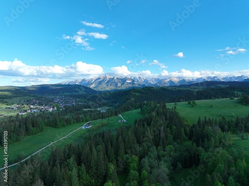 Wiosenny krajobraz górski, Góry na tle błękitnego nieba, 