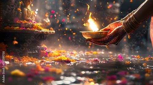 A woman's henna-adorned hands hold a burning diya, offering it to a water body adorned with flowers.  Spiritual, serene, and filled with the warmth of faith. photo