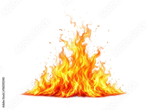 Dynamic blaze of vibrant flames dancing upward, creating a mesmerizing display of warmth and energy on a pure white background