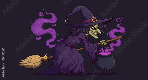 Cartoon Witch Brewing Potion in Cauldron with Broomstick photo