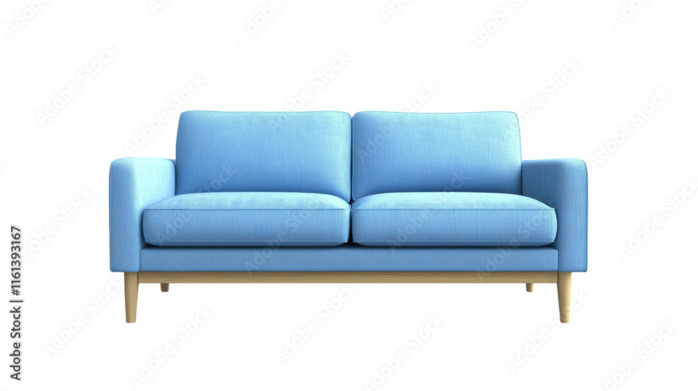 Blue soft sofa with wooden legs on white or transparent background Blue soft sofa with wooden legs on white or transparent background