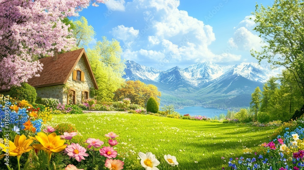 Beautiful spring garden. The green lawn emphasizes the blooming flowers in the garden. A diverse spectrum of colorful flowers, panoramic views of natural beauty Beautiful spring garden. The green lawn emphasizes the blooming flowers in the garden. A diverse spectrum of colorful flowers, panoramic views of natural beauty